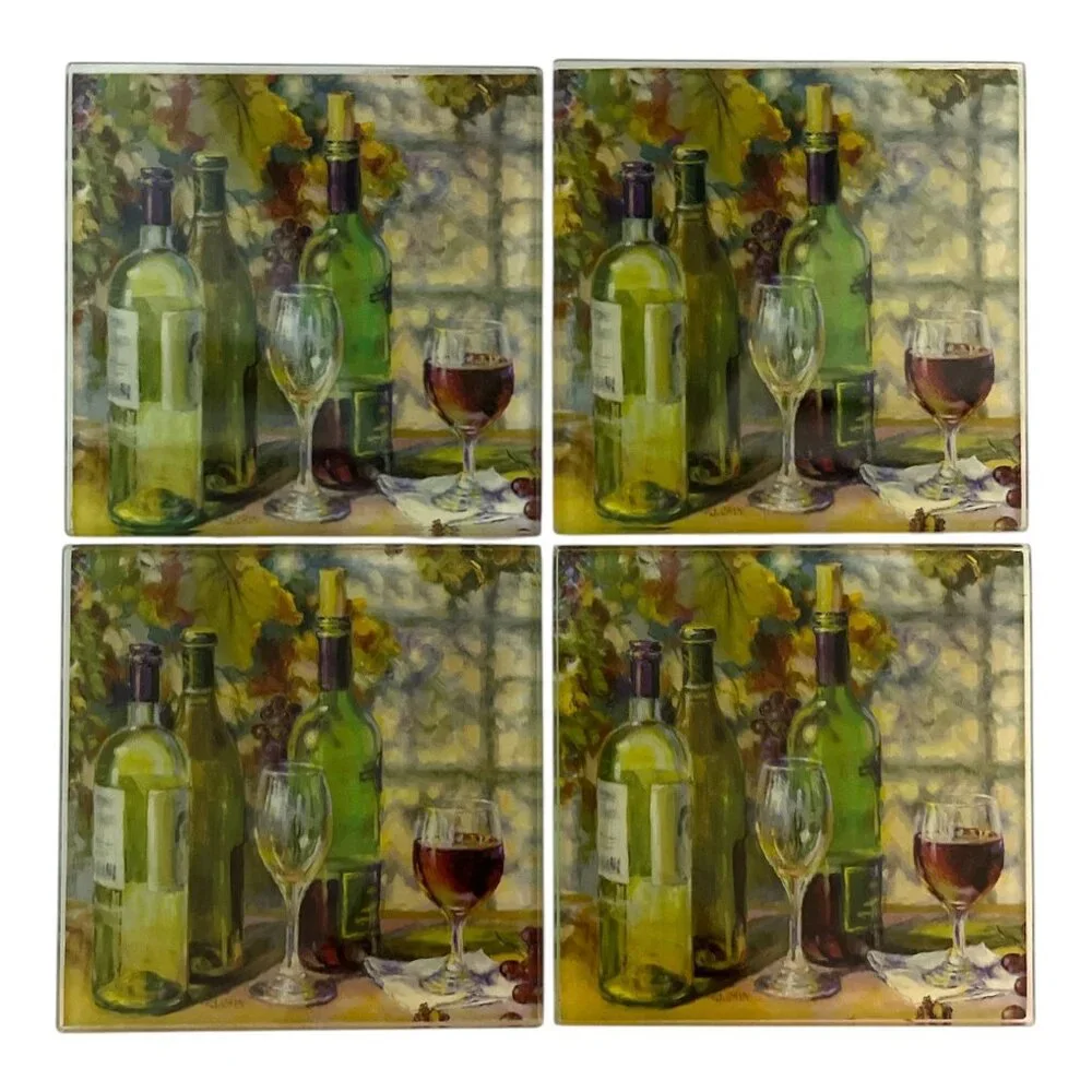 Vintage J. Cain Glass Coasters – Wine & Grapes Still Life Barware Kitchen Décor